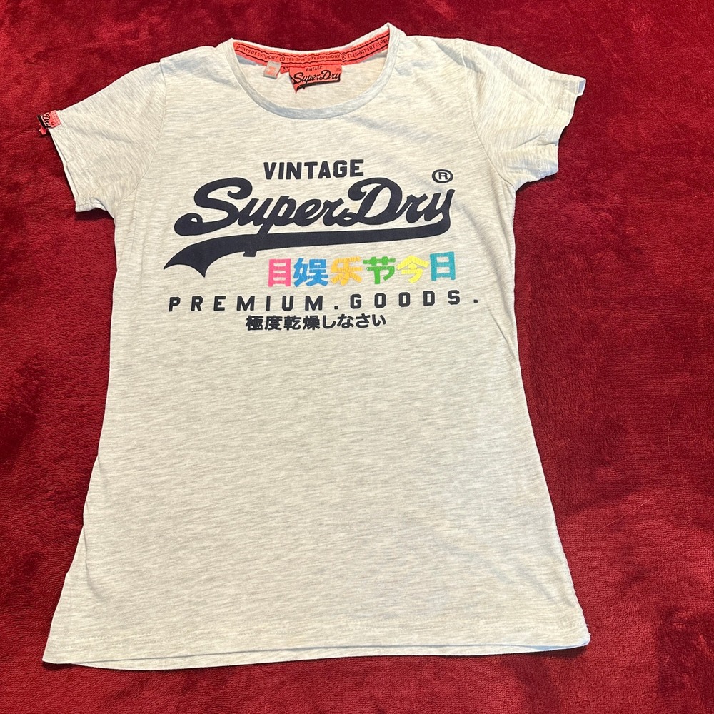 Superdry Vintage Premium Goods T-Shirt Grey Marl Multi Color Graphic Womens S